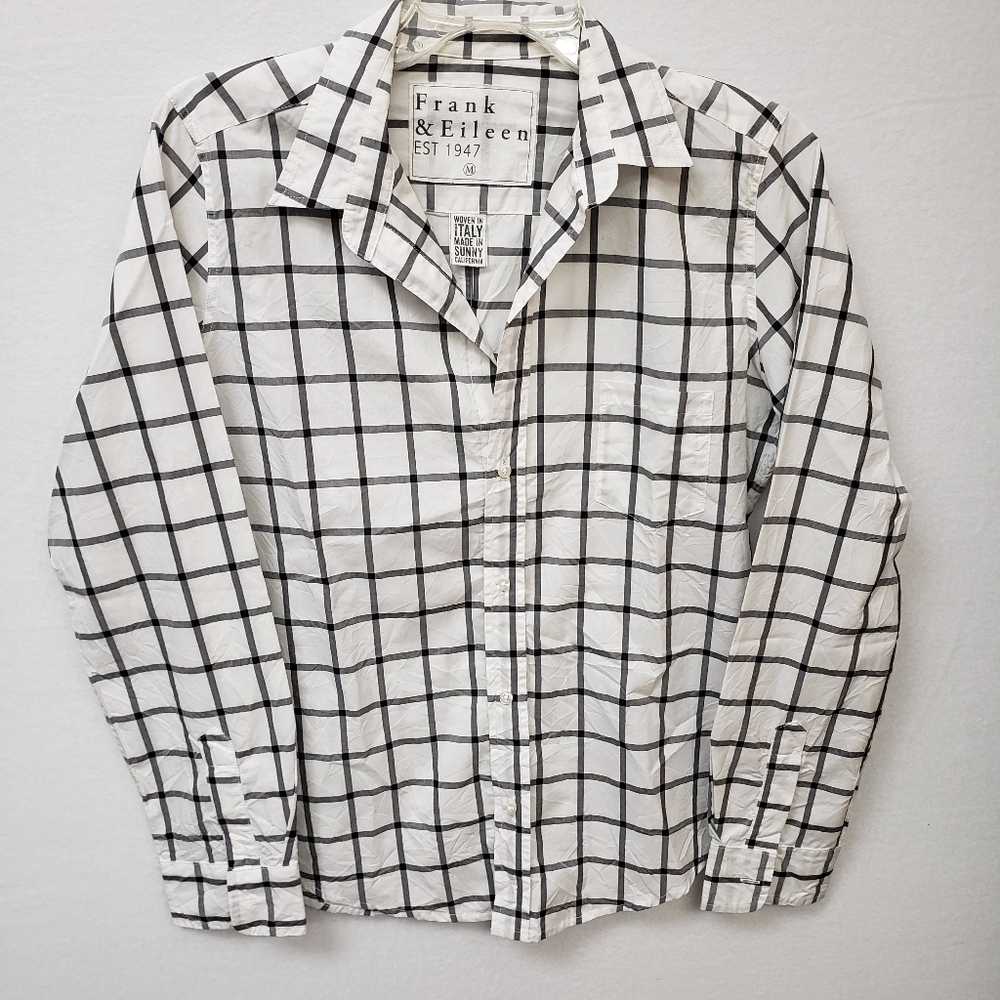 Frank & Eileen Barry M Long Sleeve Windowpane Print Blouse White Blk Cotton Flaw